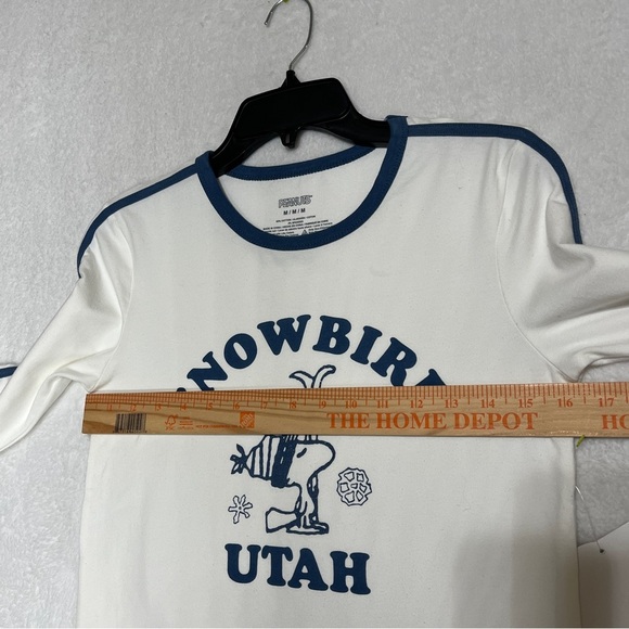 FOREVER 21 PEANUTS Long Sleeve Tshirt Woodstock "Snowbird Utah" White Blue Med. - Picture 10 of 12